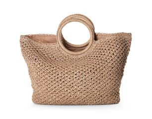 Stylish knitted beach bag isolated on white