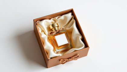 unboxing of premium perfume bottle nestled in satin lined box with magnetic flap open
