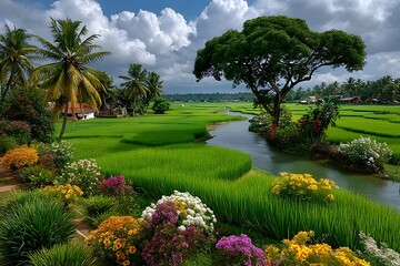 Kerala inspired rice field with flowers high resolution image
