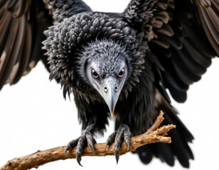 a close up of a black vulture with broad dark wings folded