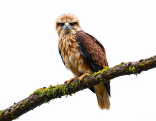 a close up of a philippine eagle with shaggy crest and piercing eyes, perched on a mossy branch