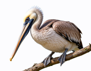 a close up of a brown pelican with curved neck and large beak, perched gently on a thick branch