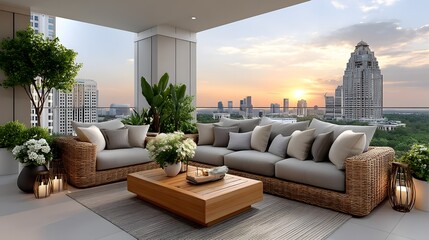 Luxury balcony furniture arrangement with plants high resolution picture