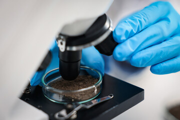 Scientist examining soil sample under microscope in laboratory, closeup