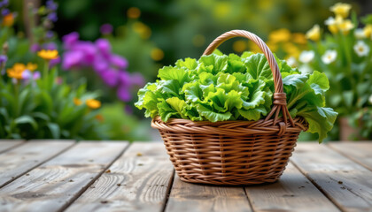 realistic images of basket of lettuce on an old oak floor, full body