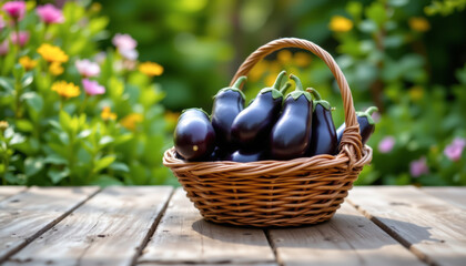 realistic images of basket of eggplants on an old oak floor, full body