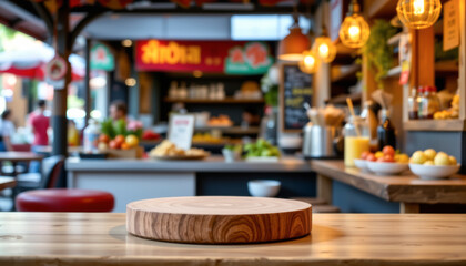 realistic image of a circular wooden product pedestal, full body
