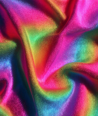 Shiny fabric with sparkling rainbow colors, soft texture, and vibrant light reflections creating a colorful abstract pattern.