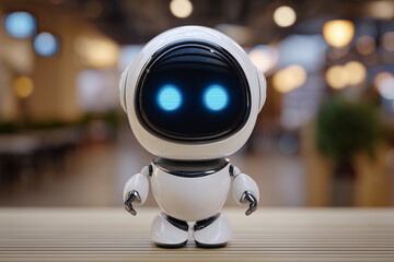 cute robot toy with glowing blue eyes standing on wooden surface indoors with blurred lights background