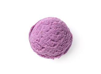 Ball of tasty blueberry sorbet isolated on white, top view