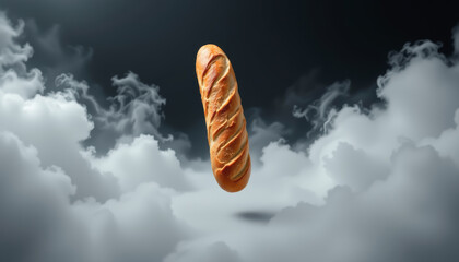 realistic image of a baguette floating vertically like a monolith