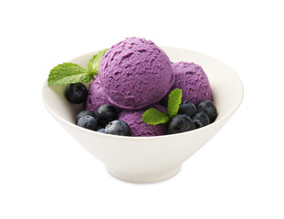 Tasty sorbet with blueberries and mint isolated on white