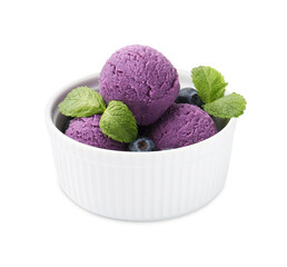 Tasty sorbet with blueberries and mint isolated on white