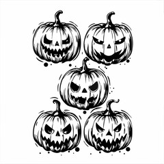 A vibrant vector illustration of a set of festive orange Halloween pumpkins, perfect for autumn holiday decorations and October celebrations