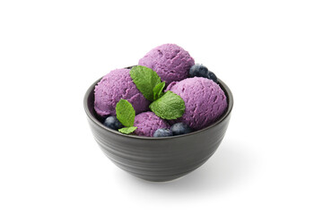 Tasty sorbet with blueberries and mint isolated on white