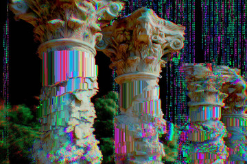 Ancient columns with digital glitch effects in colorful distorted pattern against dark background