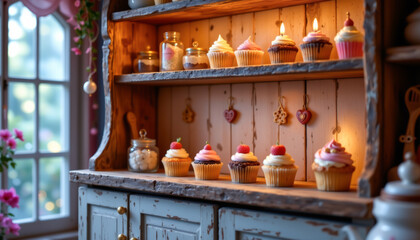realistic magical bakery shelf with animated cupcakes and blinking tart jars