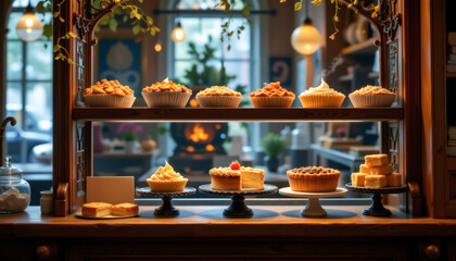 realistic enchanted bakery display shelf with hovering pies