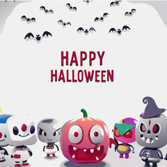 Spooky Halloween party invitation with cartoon pumpkin, bats, and full moon illustration for an October night celebration