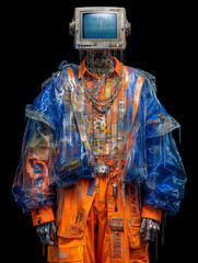 futuristic man with television head wearing orange jumpsuit and transparent blue jacket