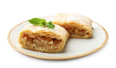 Pieces of tasty apple strudel with powdered sugar and mint isolated on white