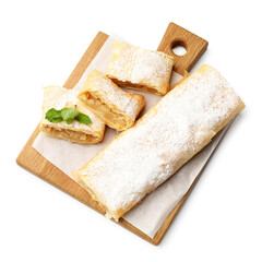 Tasty apple strudels with powdered sugar and mint isolated on white, top view