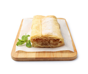 Tasty apple strudel with powdered sugar and mint isolated on white