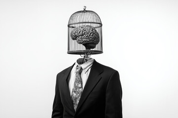 man with brain in cage wearing suit and tie black and white surreal concept
