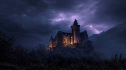 Dark Castle on Hill Amidst Lightning Storm