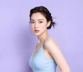Elegant Asian woman with hair up, clean and healthy skin for high-end skincare poster, modern fashion skincare poster 