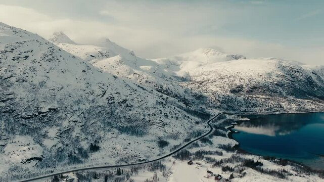 Mountainside Road Near Lodingen In Hinnoya Island, Nordland County In Norway. Aerial Drone Shot
