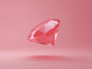 Pink diamond floating on soft pastel background with glossy transparent facets shining brightly