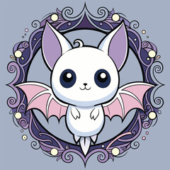 Fototapeta premium Cute white bat with purple wings and ornate frame pink