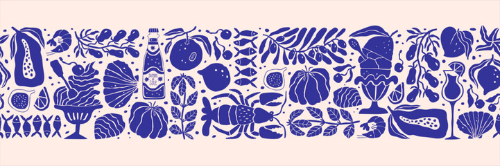 Amalfi food hand-drawn seamless pattern with fruits, gelato and drinks. Retro vibes in naive Mediterranean style. Perfect for fabric, kitchen decor, wrapping, and summer food design.