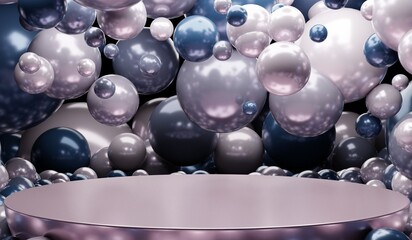 Circular podium for displaying products with balls and marbles, 3D illustration