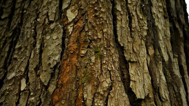 Detailed close-up view of tree bark surface displaying natural rough texture with vertical ridges and grooves creating organic pattern with brown and gray weathered coloring