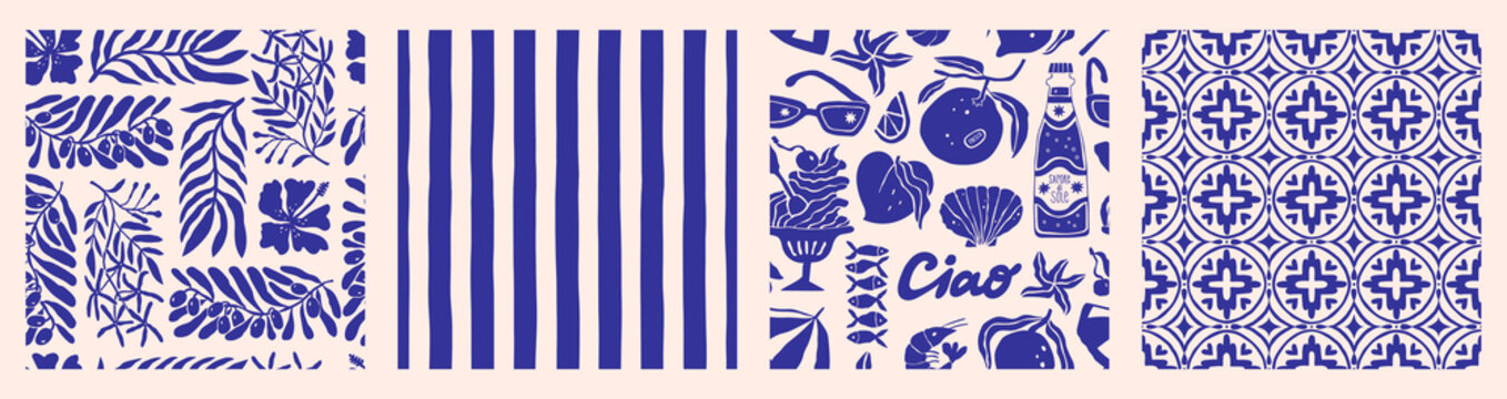 Amalfi coast hand-drawn seamless pattern collection: florals, coastal, stripes and tiles. Retro vibes in naive Mediterranean style. Perfect for fabric, kitchen decor, wrapping, and summer food design.