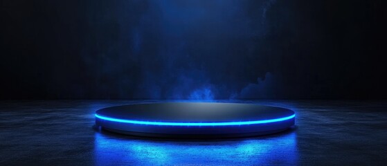 Circular dark platform with blue neon lighting.