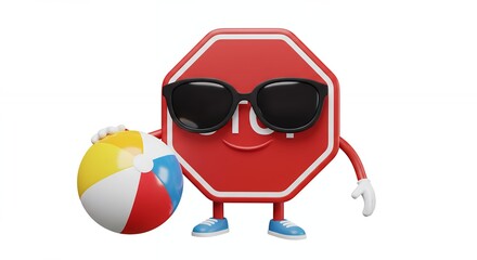 Obraz premium Cartoon stop sign character with beach ball