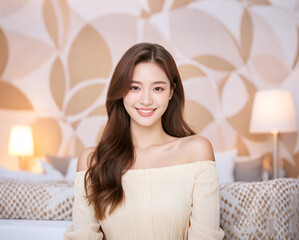 Beautiful Asian woman smiling in sunshine, exquisite poster modeling, perfect skin and beautiful face modeling