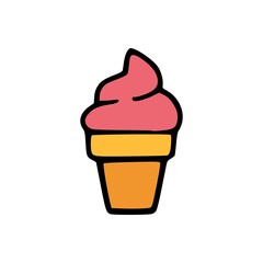 Cute doodle illustration of strawberry ice cream in cone with simple cartoon design and flat colors