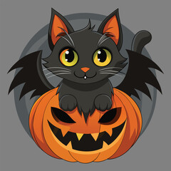 Obraz premium Black cat with bat wings on pumpkin Halloween jack-o-lantern