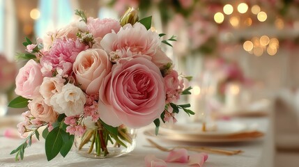 Fototapeta premium Elegant pink floral arrangement enhances the ambiance at a wedding reception in soft, natural light