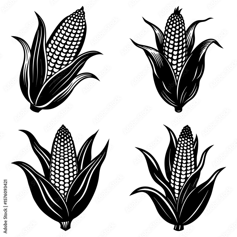 Poster four monochrome corn cobs with husks arranged in a square pattern on a white background design image