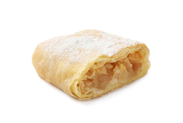 Piece of tasty apple strudel with powdered sugar isolated on white