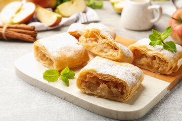 Pieces of tasty apple strudel with powdered sugar and mint on light grey table, closeup