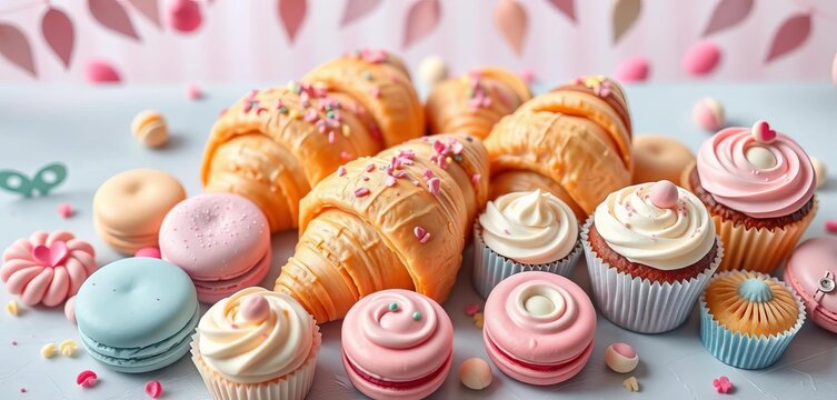 Pastel croissants, macarons, cupcakes arranged artfully on a whimsical display ,  delicious,   whimsical