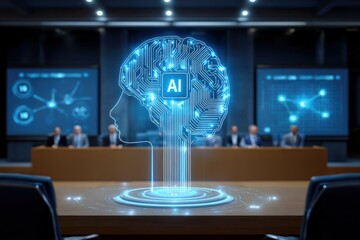 Fototapeta premium Social media ethics concept. A futuristic AI brain hologram projected in a corporate meeting room with executives in the background analyzing data on screens.