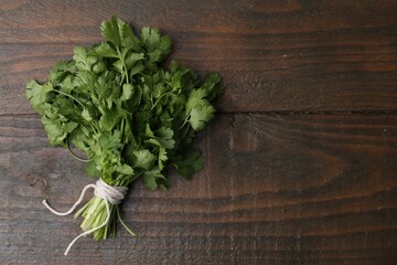 Bunch of fresh aromatic cilantro on wooden table, top view. Space for text