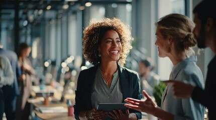 Two colleagues laughing and enjoying a lively conversation in a modern, open office setting, demonstrating positive workplace relationships and team spirit. - Powered by Adobe